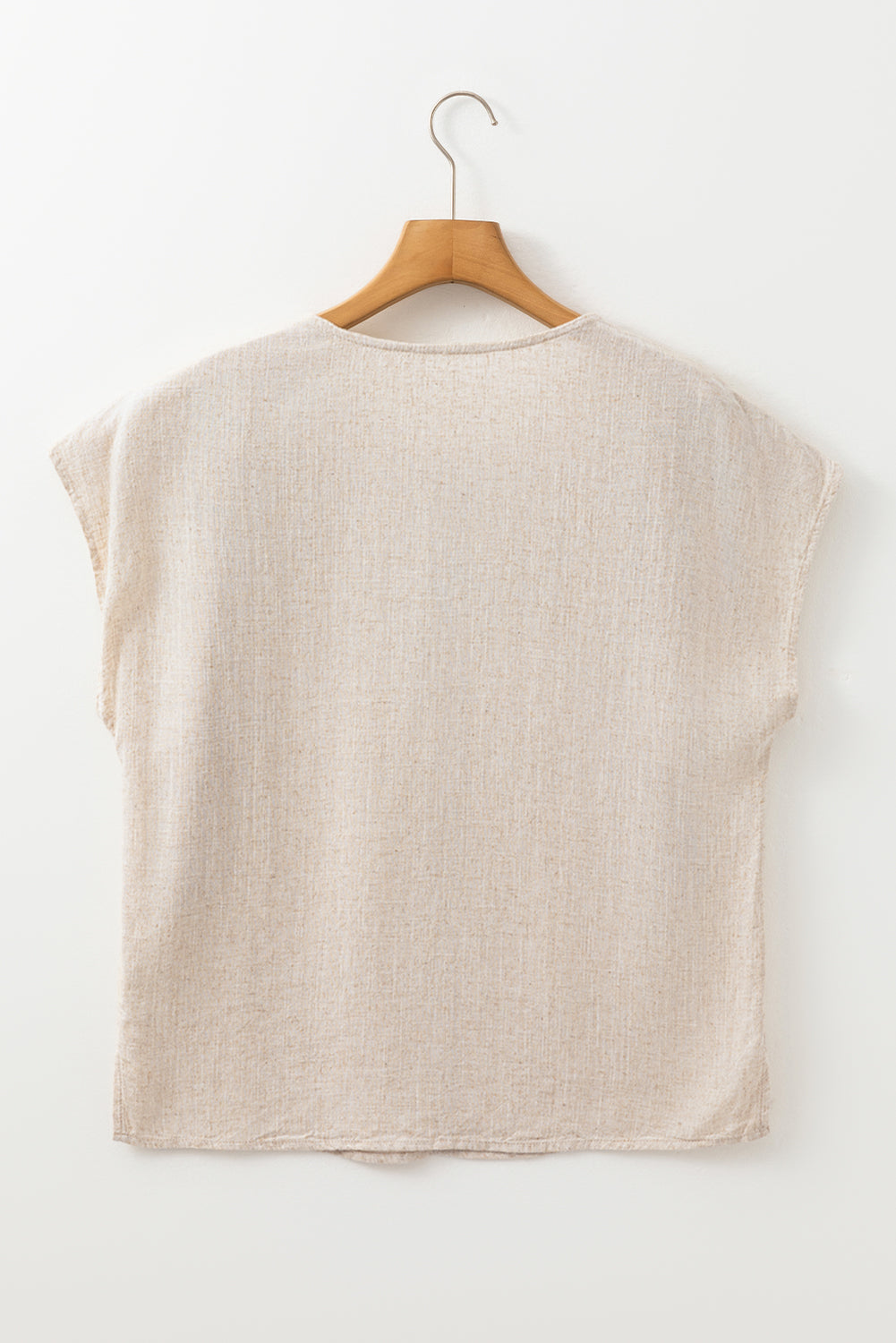 Jet Stream Geometric Embroidered Short Sleeve Tassel Tied V Neck Blouse