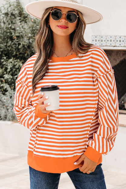 Black Stripe Exposed Seam Drop Shoulder Casual Pullover Top
