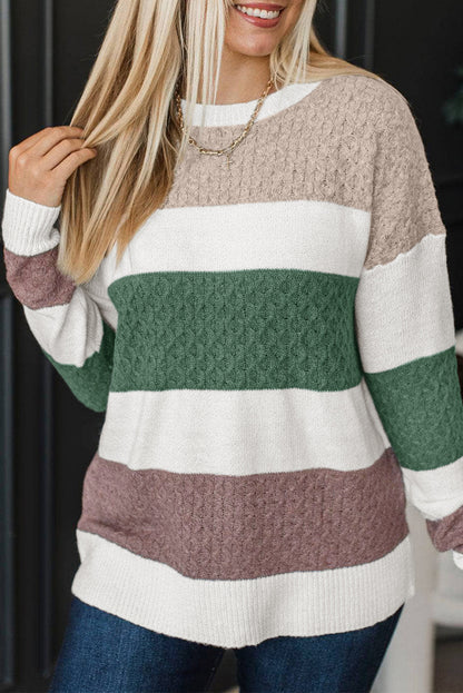 Brown Mixed Texture Knit Striped Color Block Loose Sweater