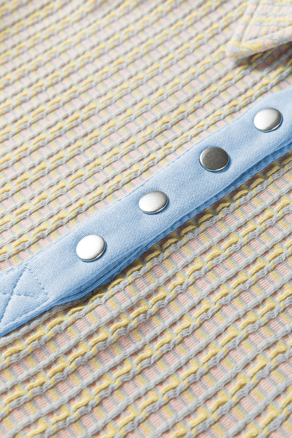 Beau Blue Button Front Jacquard Henley Sweatshirt