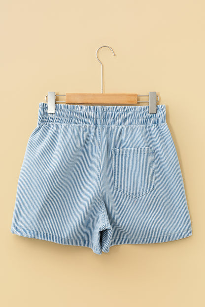 Sky Blue Stripe Drawstring Elastic Waist Casual Denim Shorts