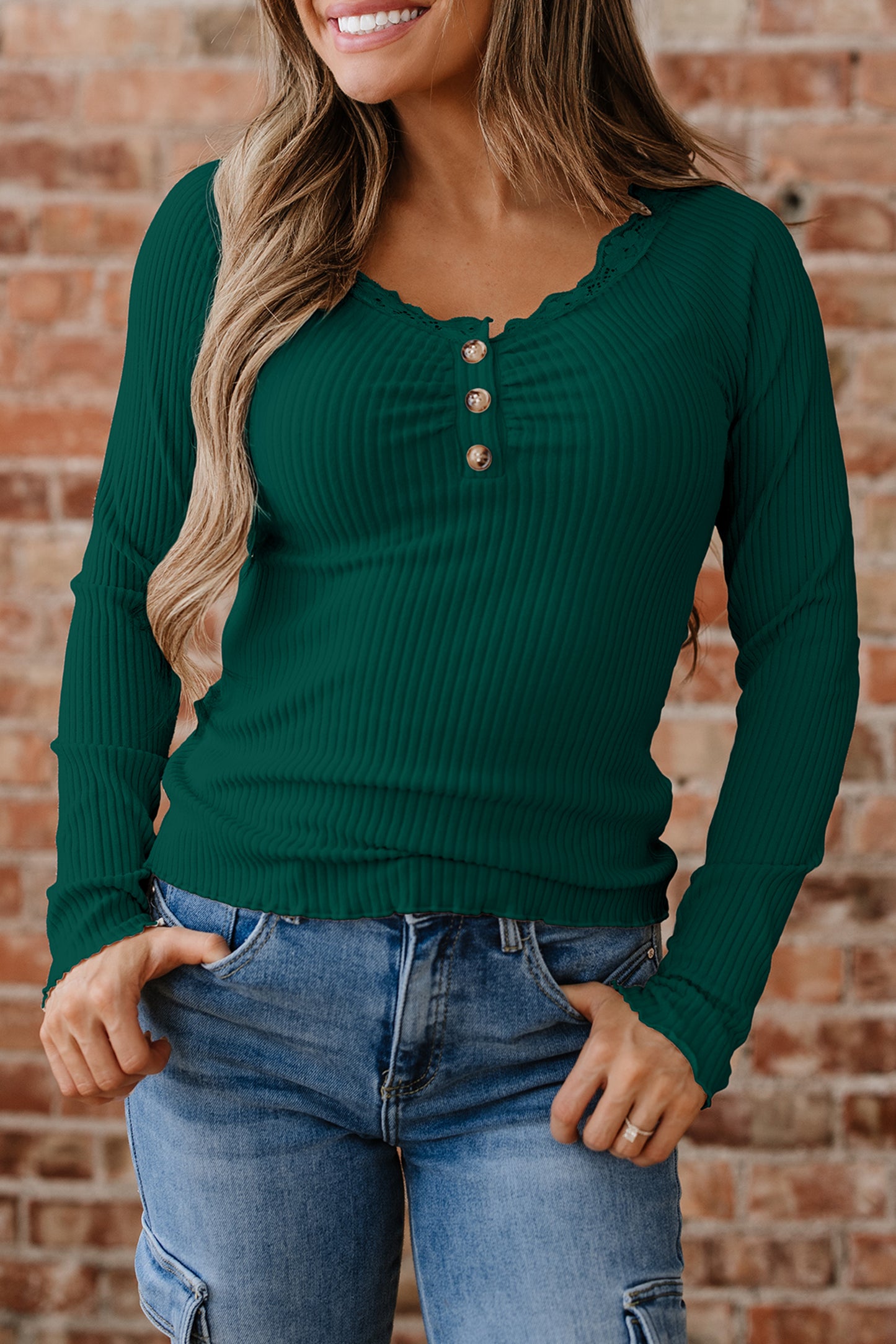 Beige Lace Neckline Button Decor Lettuce Edge Long Sleeve Ribbed Top