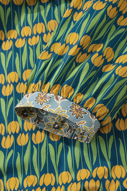 Green Plus Size Mixed Floral Print Striped Trim Loose Mini Dress