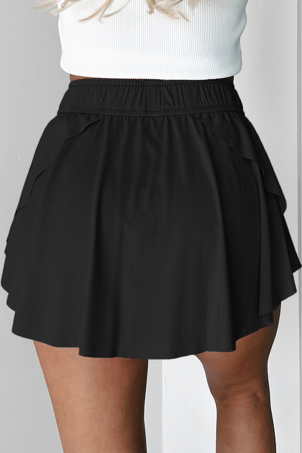 Black Drawstring Elastic Waistband Lined Tennis Skorts