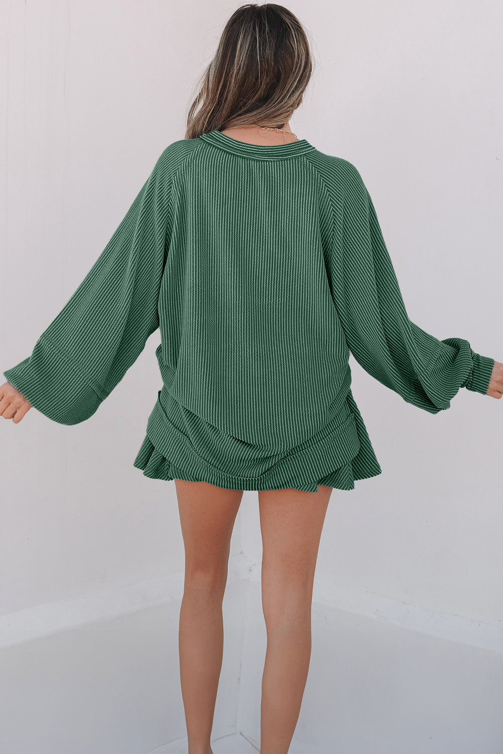 Mist Green Corded Lantern Sleeve Top High Waist Ruffled Mini Skirt Set