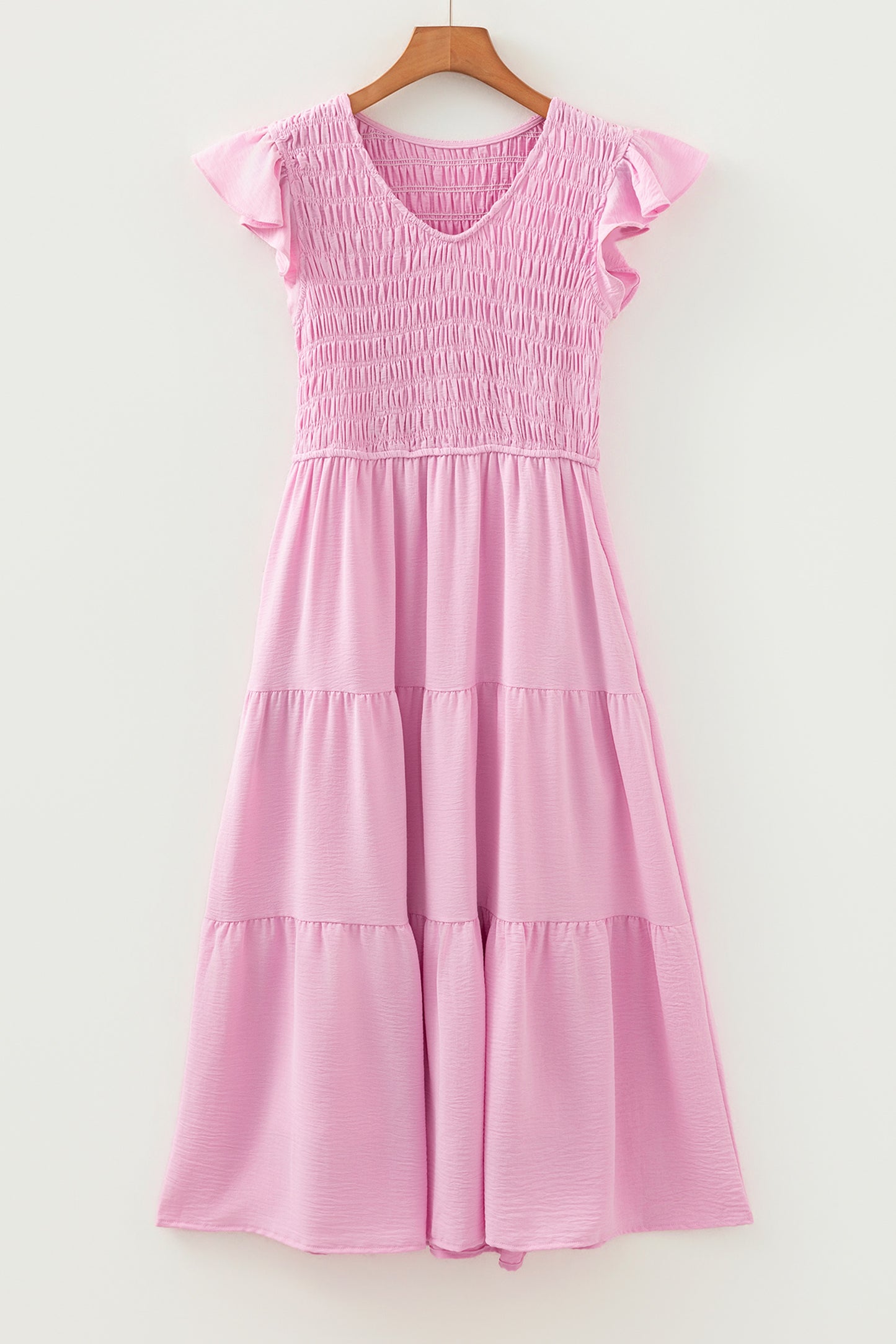 Pink Smocked Bodice Flutter Sleeve Fit Flare Tiered Midi Dress