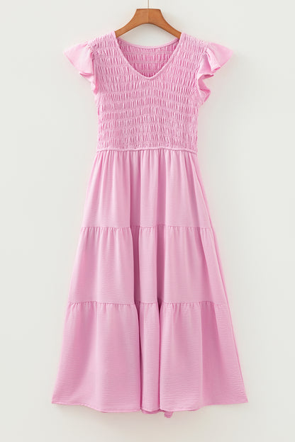 Pink Smocked Bodice Flutter Sleeve Fit Flare Tiered Midi Dress