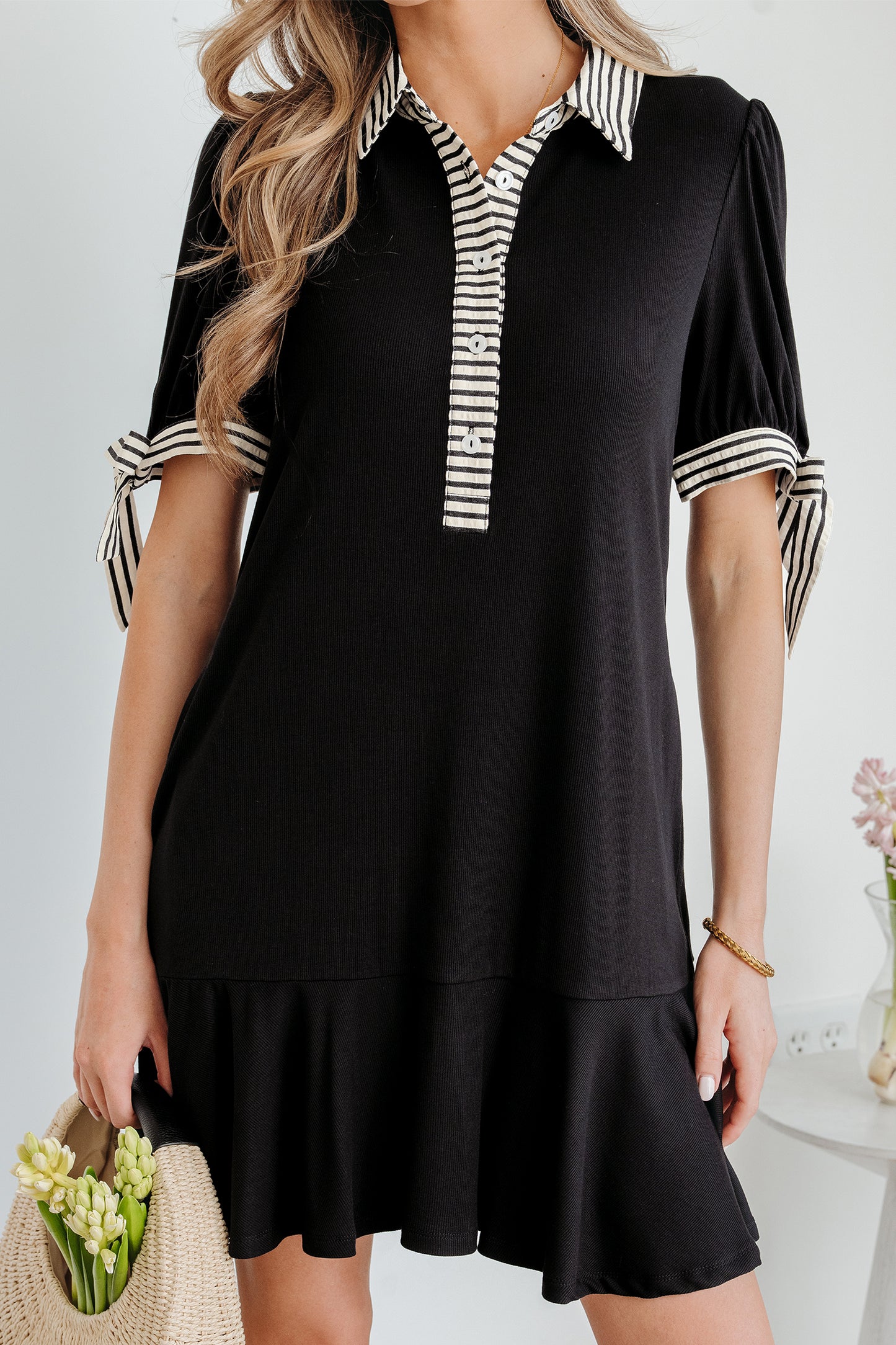 Black Stripe Detail Polo Collar Half Buttons Tied Short Sleeve Shift Mini Dress