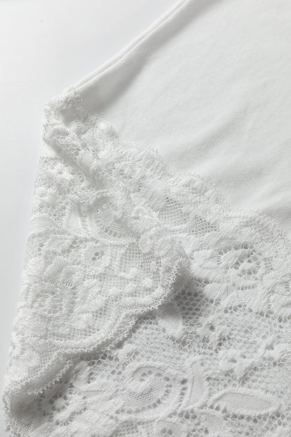 White Lace Trim V Neck Cuffed Long Sleeve Loose Top