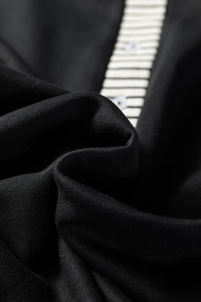 Black Plus Size Striped Cuffs Polo Collar Patchwork Long Sleeve Ruffle Hem Dress