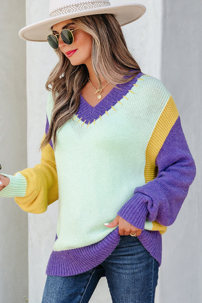 Green Stitched V Neck Color Block Knitted Drop Shoulder Sweater