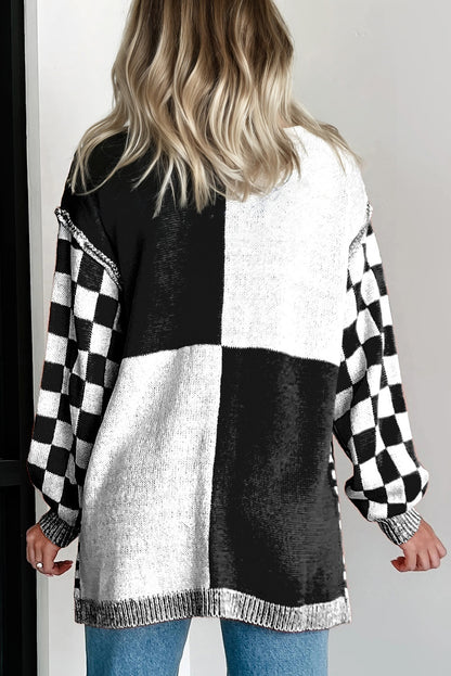 Brown Plus Size Checkered Bubble Sleeve Drop Shoulder Open Cardigan