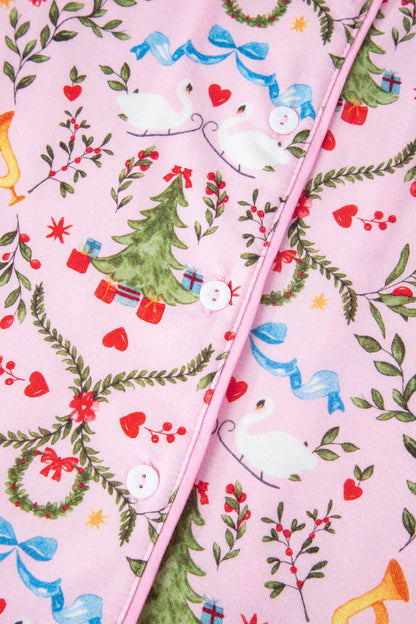 Pink Nutcracker Doll Christmas Print Ribbon Tie Waist Short 2pcs Pajama Set