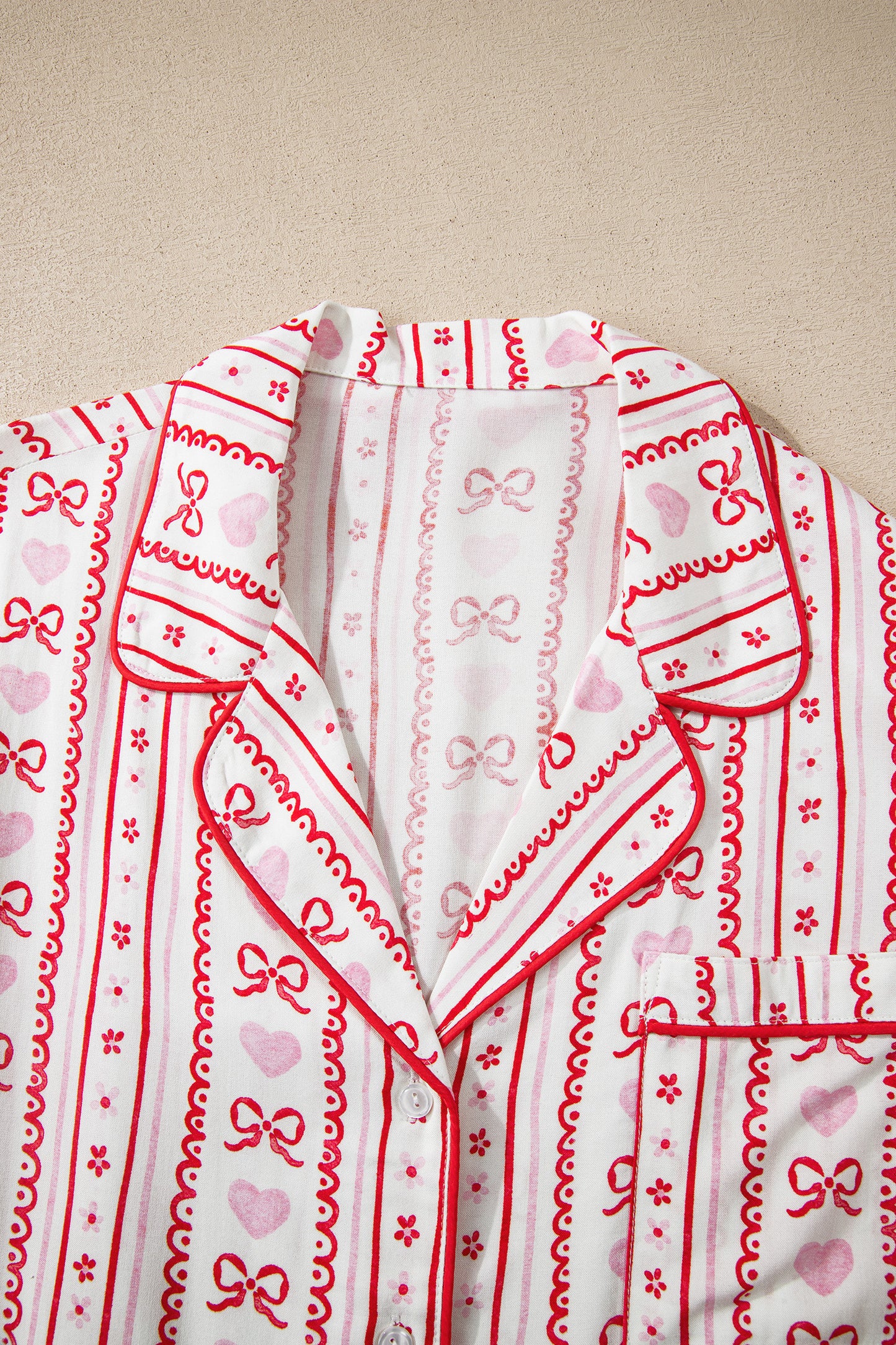 Red Cute Bow Heart Print Ribbon Decor Short 2pcs Pajama Set