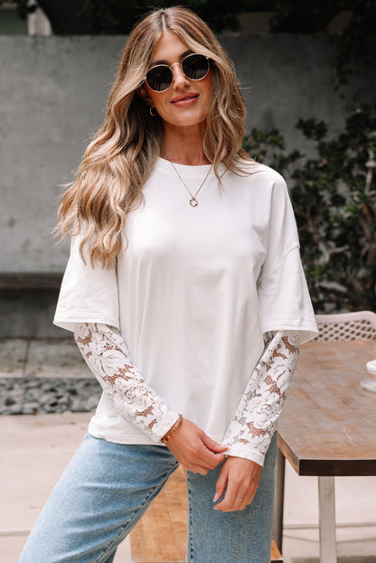 White Lace Long Sleeve Insert Drop Shoulder Tee