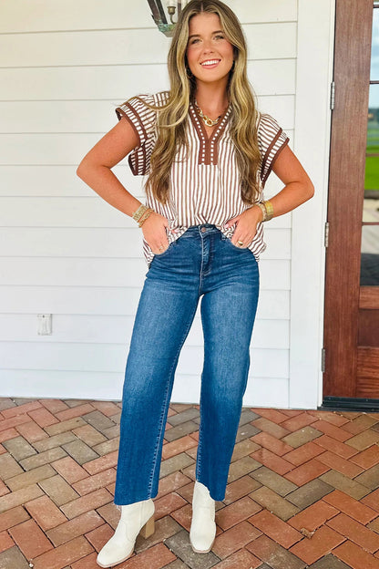 Khaki Stripe Double Ruffled Short Sleeve V Neck Blouse