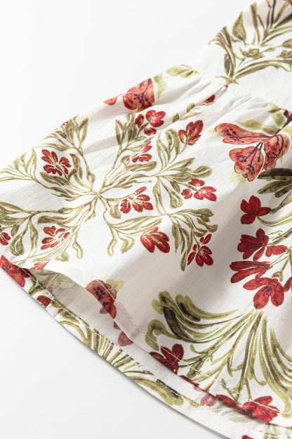 Floral Print Frilled Color Block Trim V Neck Long Sleeve Peplum Top