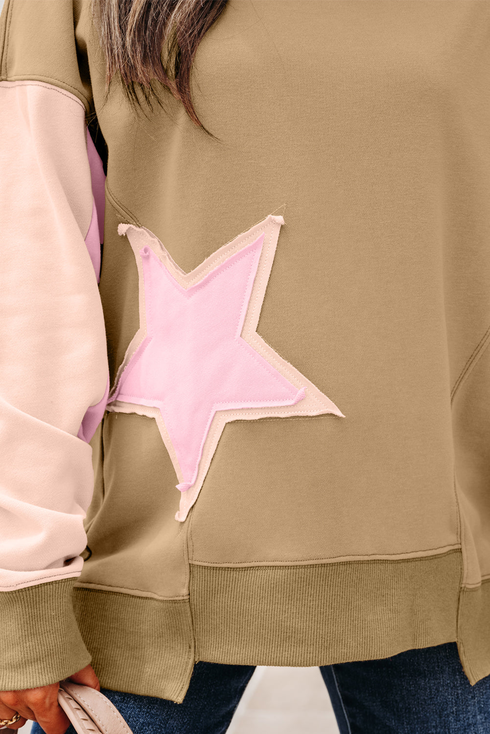 Sage Green Contrast Star Patchwork Exposed Seam Uneven Hem Drop Shoulder Sweatshirt