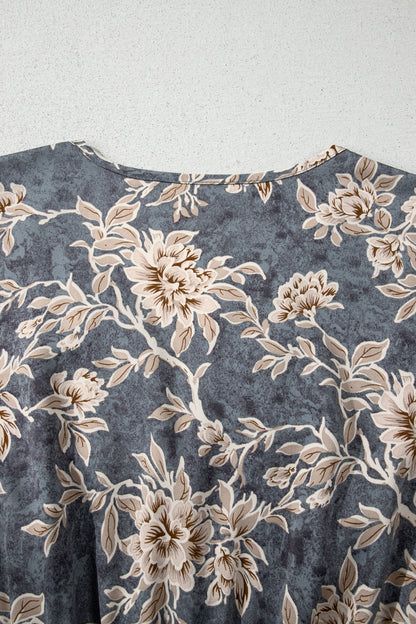 Sky Blue Plus Size Floral Print Split Neck Shirred High Waist Long Sleeve Maxi Dress