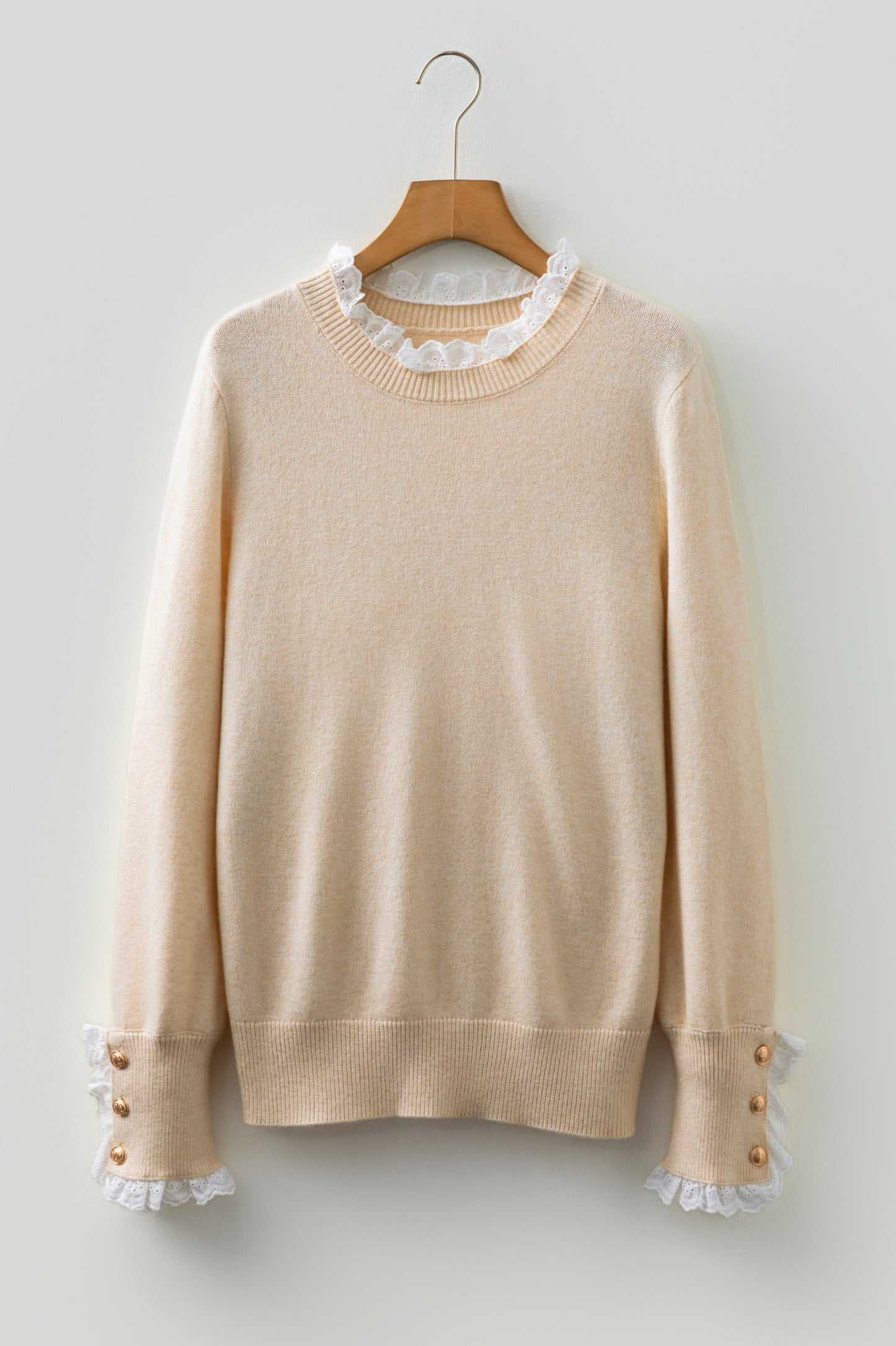 Jet Stream Lace Trim Patchwork Buttoned Cuffs Loose Sweater