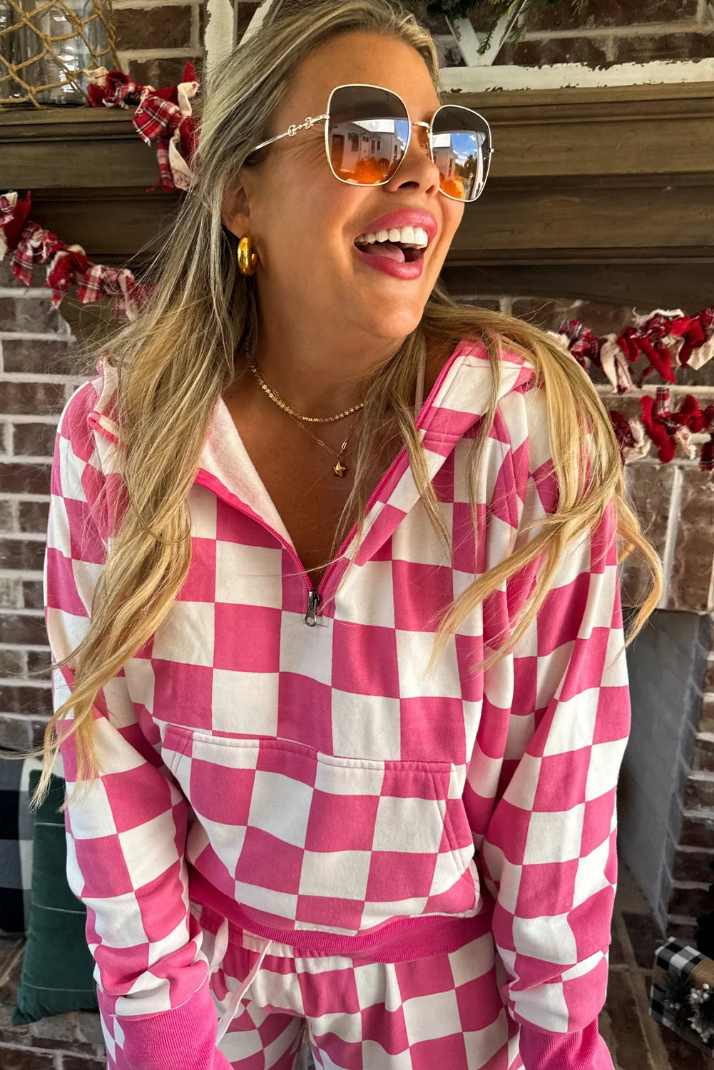 Red Checkered Print Half Zip Hoodie Loose Pant Set