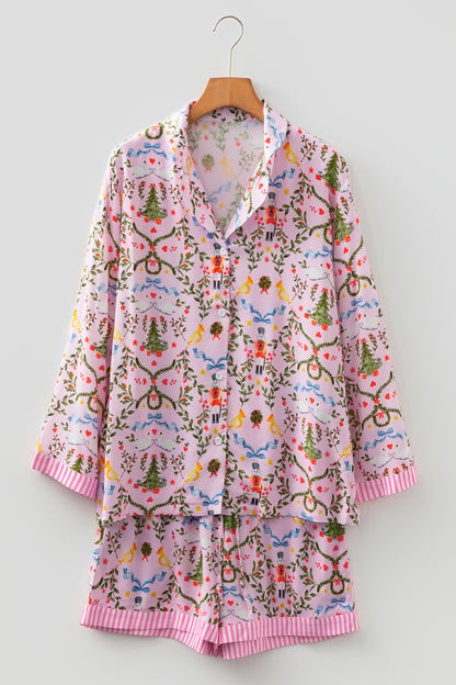 Pink Christmas Holiday Print Nutcracker Long Sleeve Shorts 2pcs Pajama Set