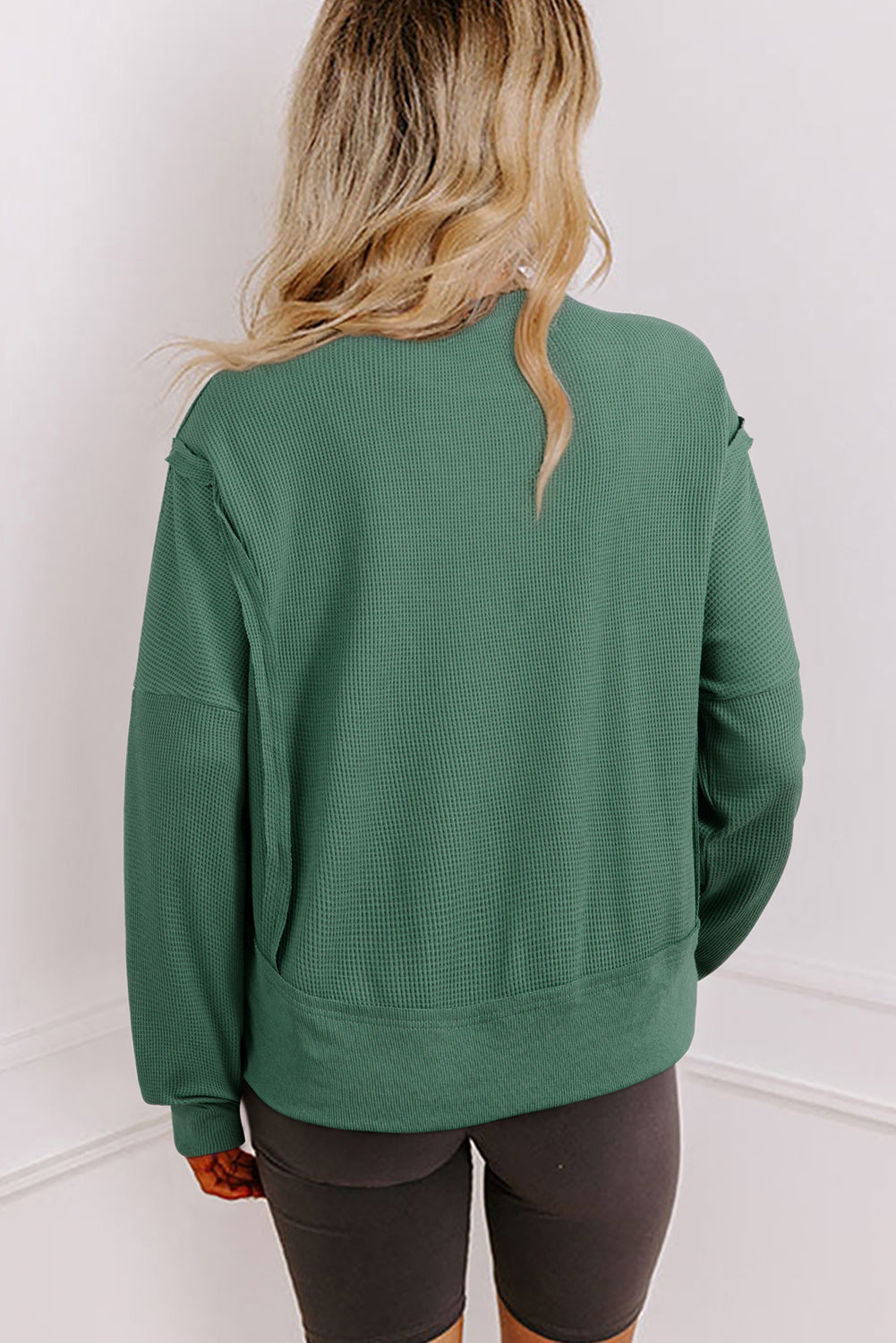 Evergreen Solid Color Raw Seam Patchwork Ribbed Drop Shoulder Sweatshirt