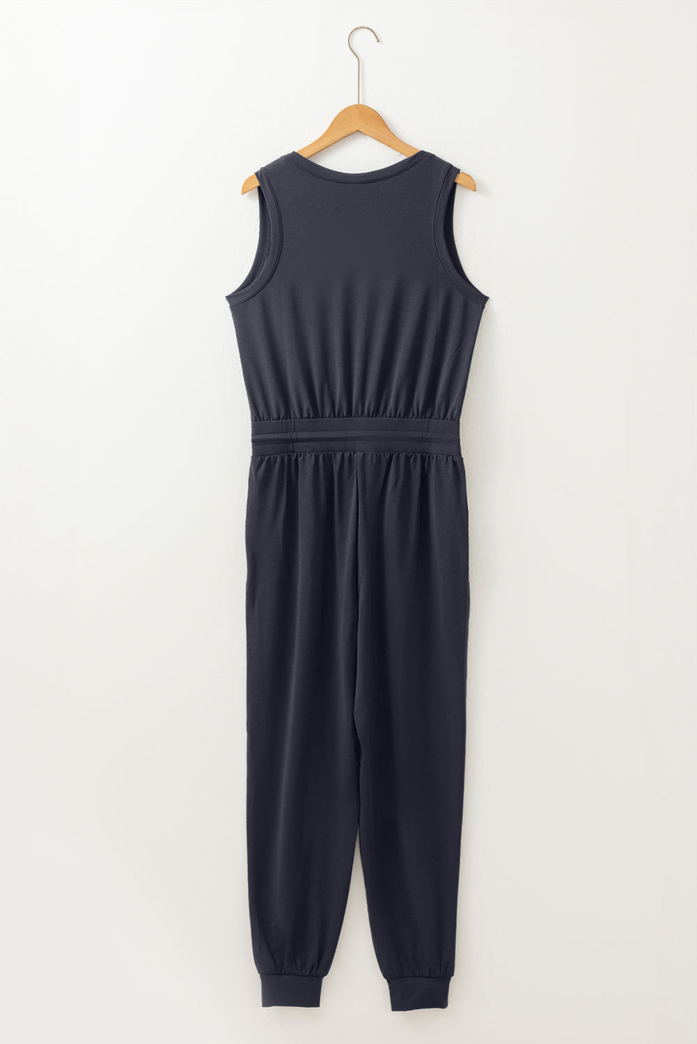 Black Casual Tank Style Tie Waist Pocketed Jogger Jumpsuit