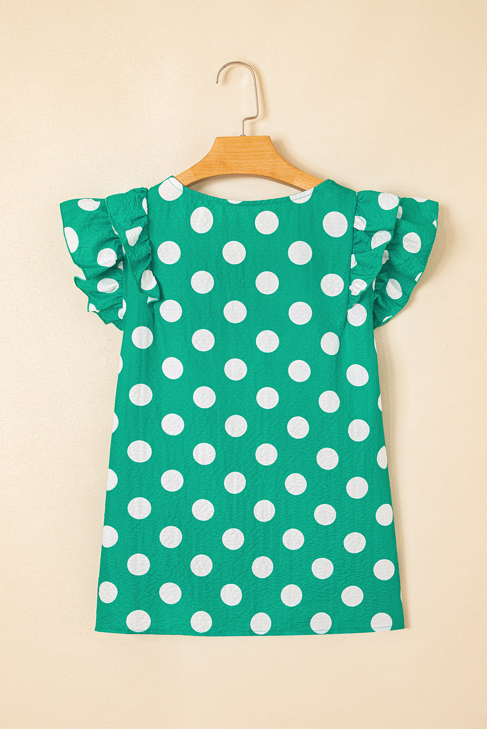 Green Polka Dot Print Ruffled Sleeve V Neck Blouse