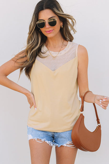 Oatmeal Solid Mesh Patchwork Crew Neck Tank Top