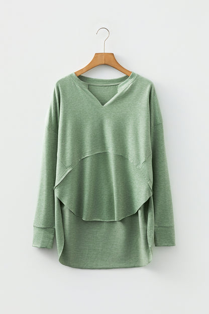 Myosotis Notched Neck Terry Raw Hem Long Sleeve Top