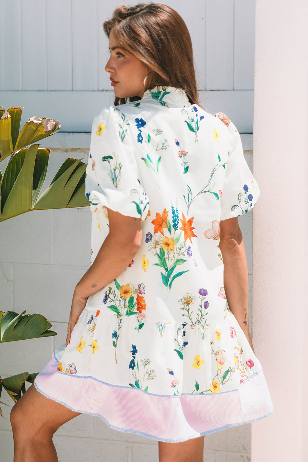 White Floral Print Contrast Striped Patchwork Short Puff Sleeve Dress