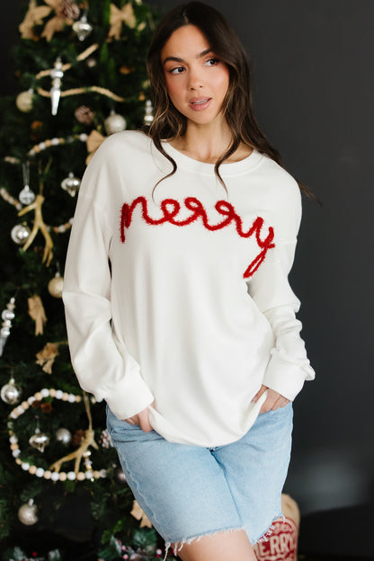 White Merry Tinsel Letter Embroidery Ribbed Drop Shoulder Sweatshirt