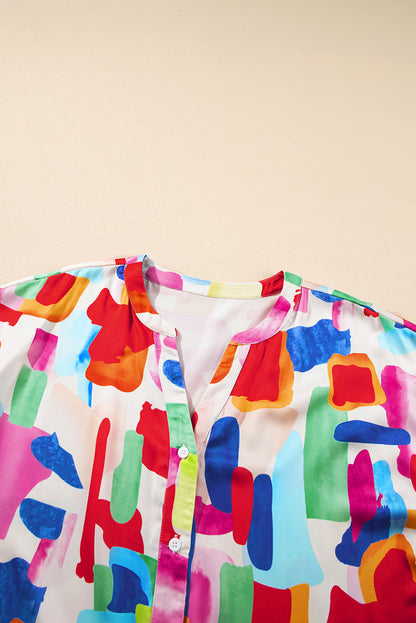 Colorful Brush Stroke Printed Plus Size Button Split Neck Blouse