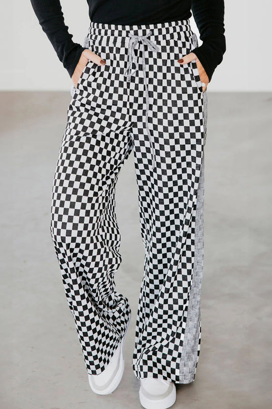 White Checkerboard Drawstring Waist Casual Pants