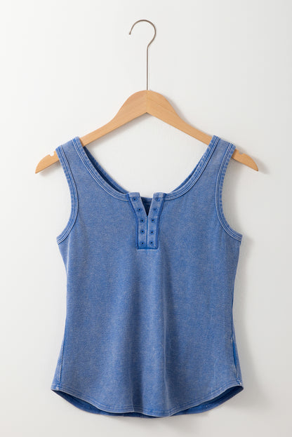 Sky Blue Mineral Wash Ribbed Notch Neck Tank Top