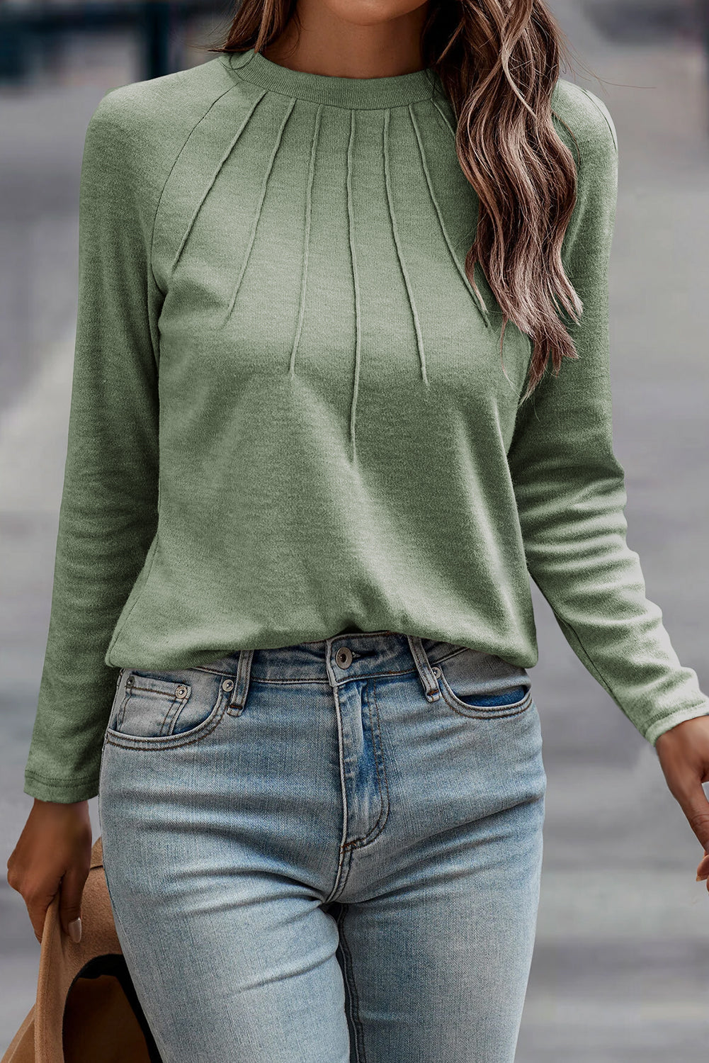 Laurel Green Solid Color Seam Detail Raglan Long Sleeve Top