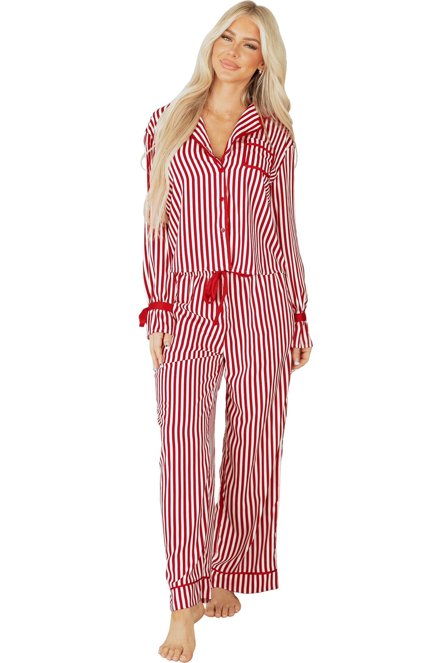 Red Stripe Contrast Velvet Trim Bow Knot Waist 2pcs Pajama Set