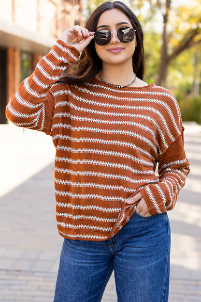 Green Stripe Drop Shoulder Casual Sweater