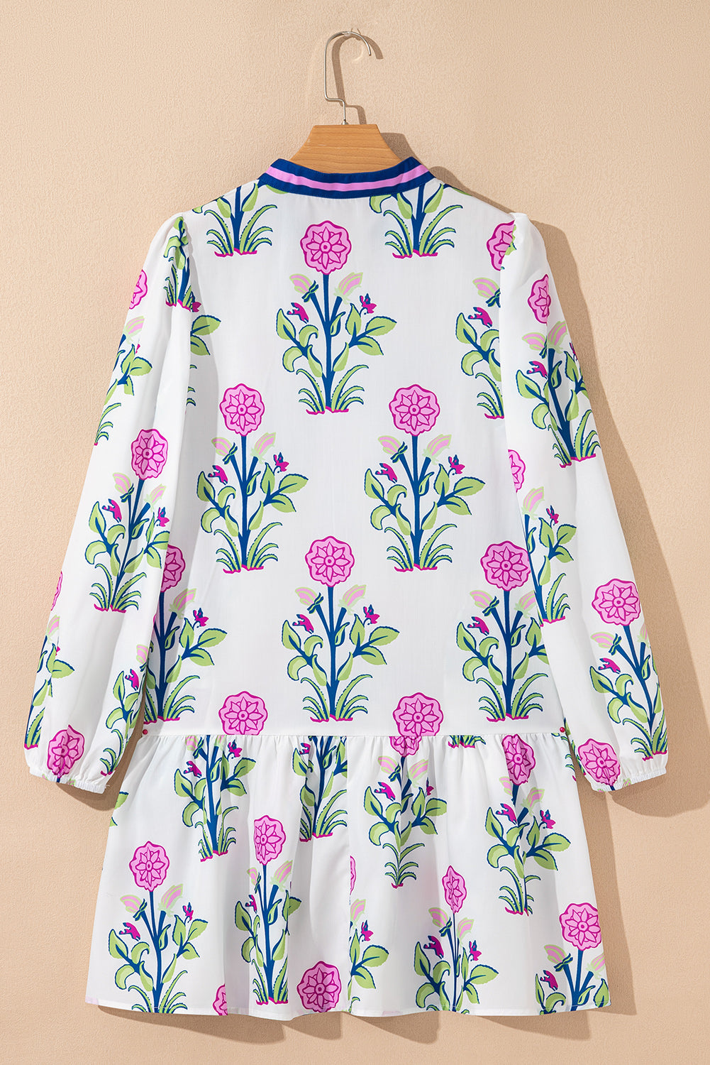 White Floral Print Contrast Striped Trim Notched Neck Long Sleeve Dress