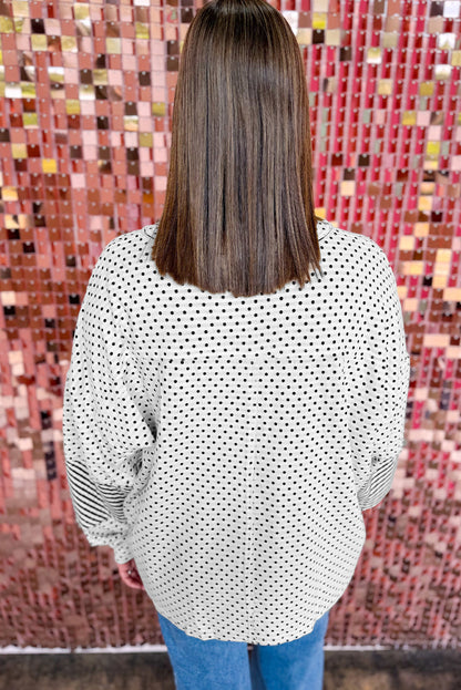 Beige Plus Size Dot Print Striped Patchwork Long Sleeve Henley Top