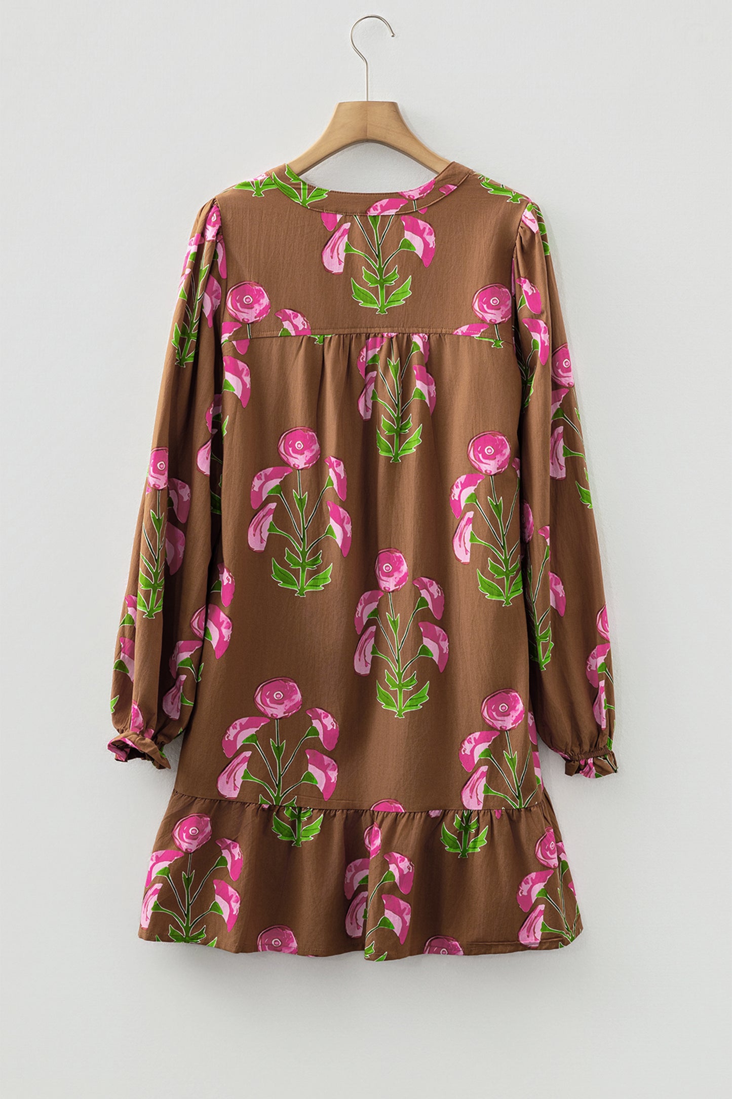 Brown Contrast Floral Print Babydoll Tunic Ruffled Hem Puff Sleeve Dress