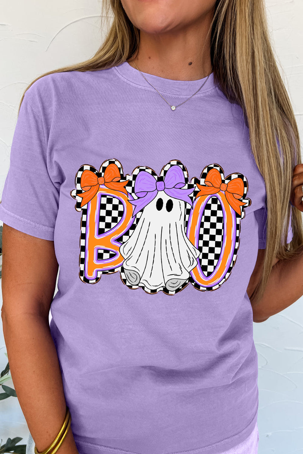 Wisteria Boo Checkered Bow Ghost Halloween Graphic Tee