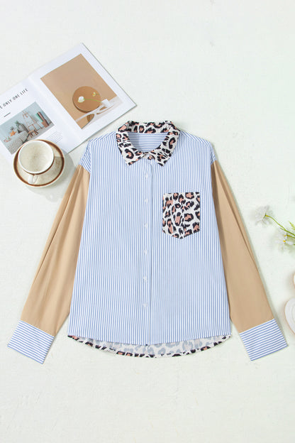 Sky Blue Stripe Colorblock Leopard Patchwork Chest Pocket Cuffed Sleeve Shirt