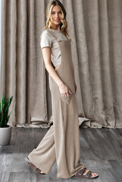 Parchment Ribbed Knit Patched Pocket Wide Leg Overalls