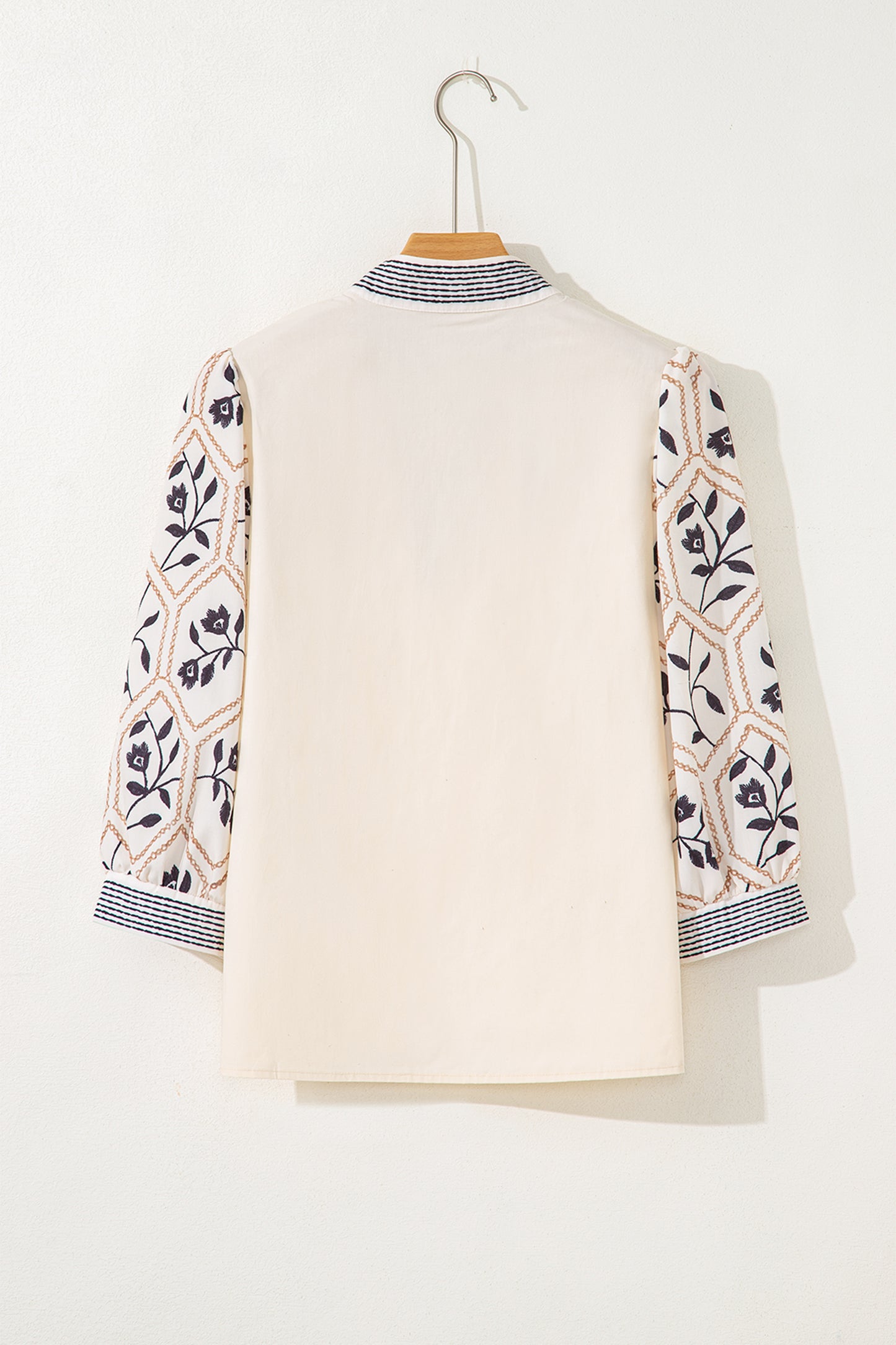 Grass Green Floral Puff Sleeve Contrast V Neck Patchwork Blouse