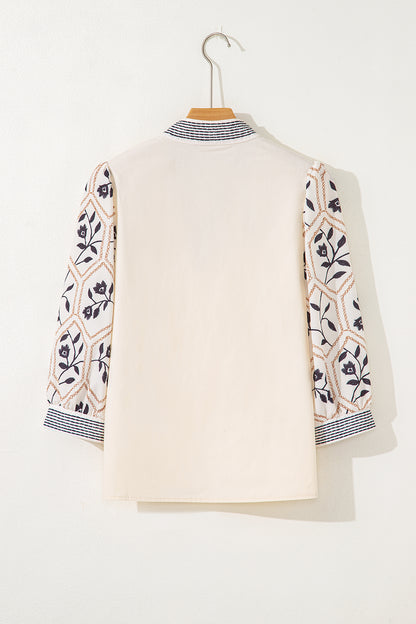 Grass Green Floral Puff Sleeve Contrast V Neck Patchwork Blouse