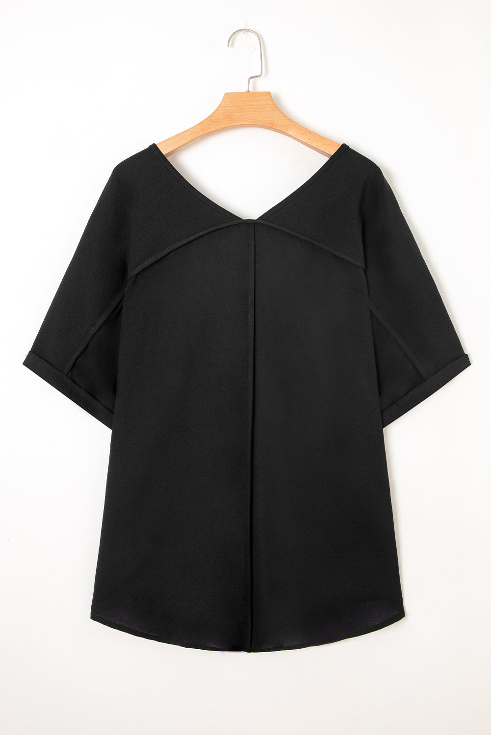 Black Seamed Back High Low Hem V Neck Cuffed Sleeve Plus Size Tee