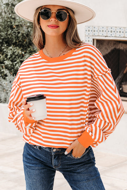 Black Stripe Exposed Seam Drop Shoulder Casual Pullover Top