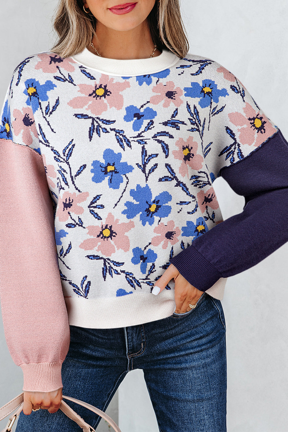 Khaki Floral Panel Colorblock Sleeve Patchwork Sweater